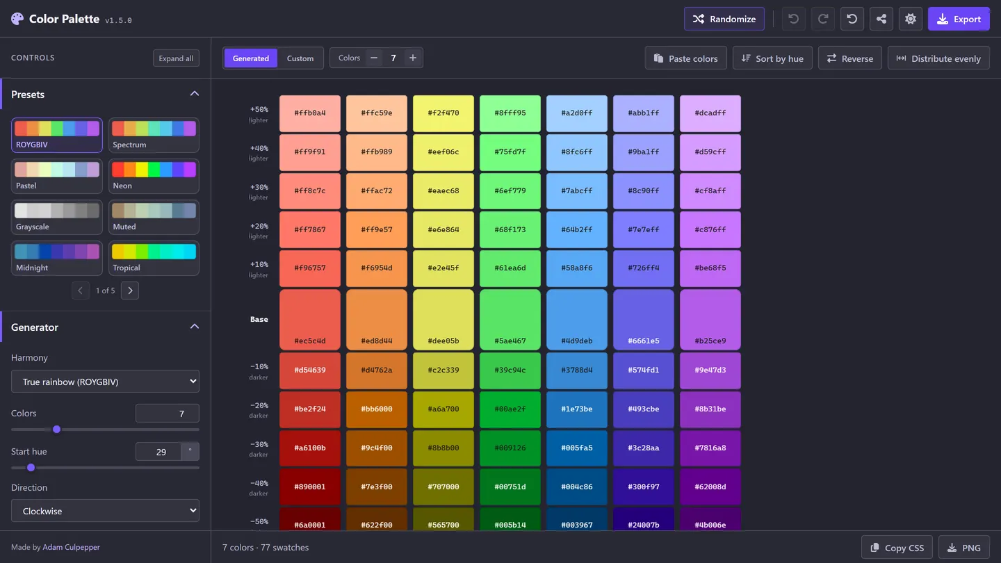 Color Palette screenshot: Palettes from 2 to 24 colors with every tint and shade, exported as CSS, Tailwind, tokens, or SVG.