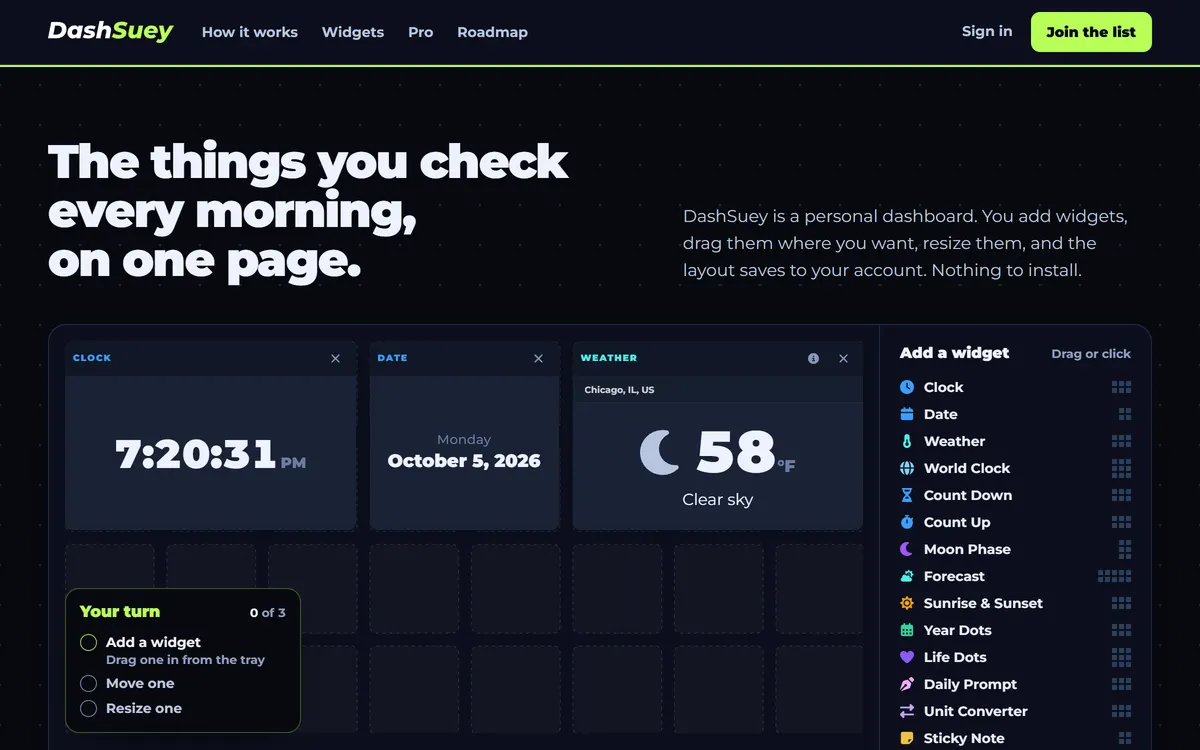 The DashSuey home page: the headline over a working board with live clock, date and weather widgets beside the add-a-widget tray