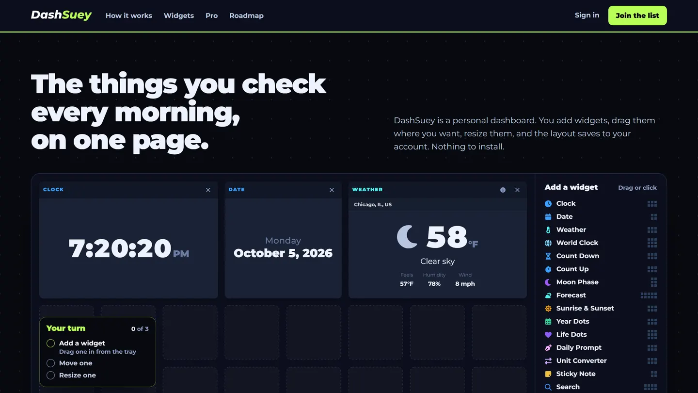 DashSuey screenshot: A personal dashboard you arrange yourself: 38 live widgets on a drag-and-drop board that follows you between computers.