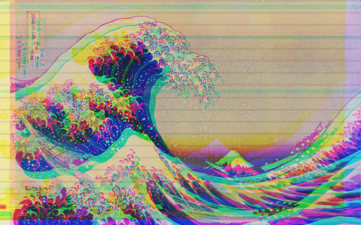 An exported GlitchFilter image: Hokusai's Great Wave hue-shifted into neon pinks and teals, textured with scanlines and grain
