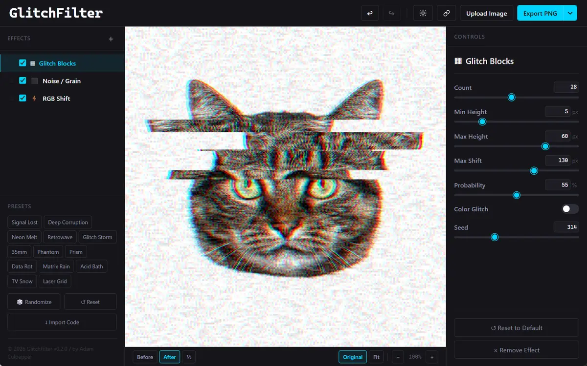The GlitchFilter workbench: effect stack on the left, a glitched cat photo on the canvas, and Glitch Blocks controls on the right