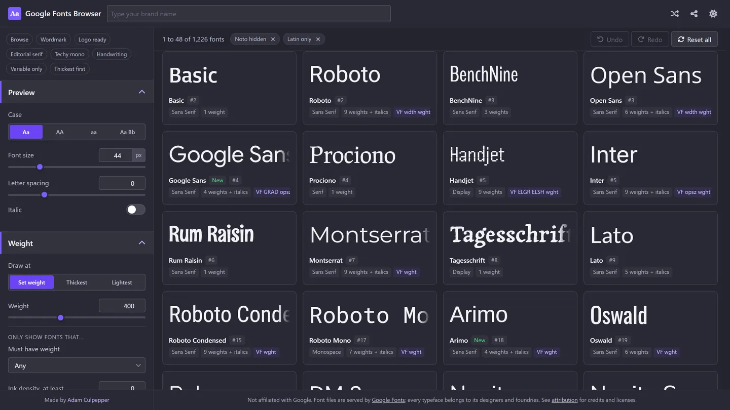 Google Fonts Browser screenshot: Type once and see your text drawn in all 1,942 Google Fonts, embed code one click away.