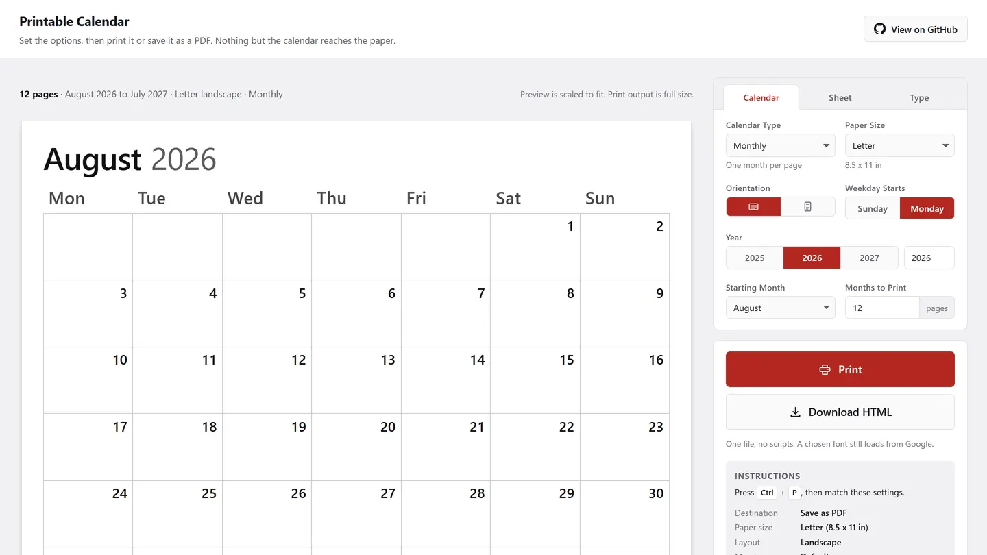 Printable Calendar screenshot: Printable calendars that actually fill the page: monthly through year-at-a-glance, no logo on your paper.
