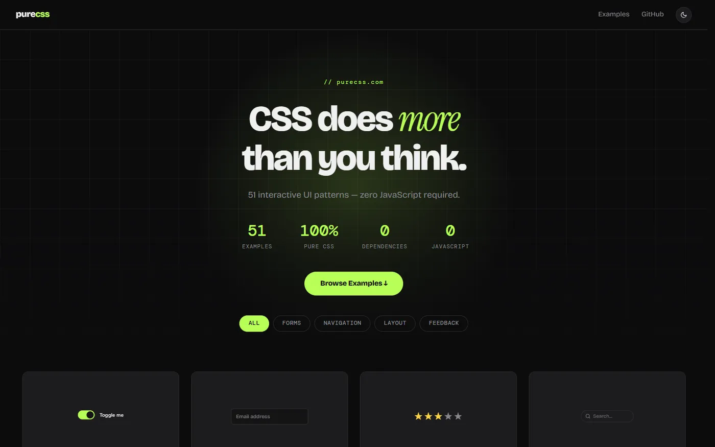 The PureCSS.com homepage: interactive UI patterns built with zero JavaScript