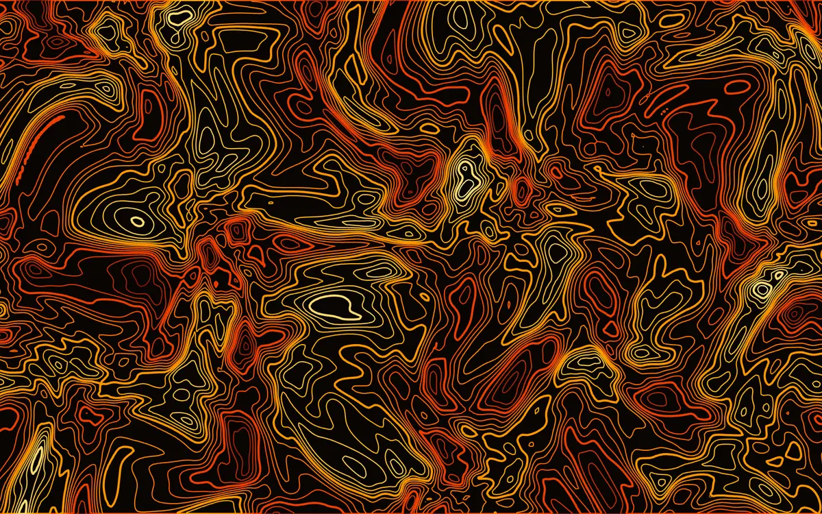 An exported contour field in the Molten preset: orange and gold contour lines glowing on black