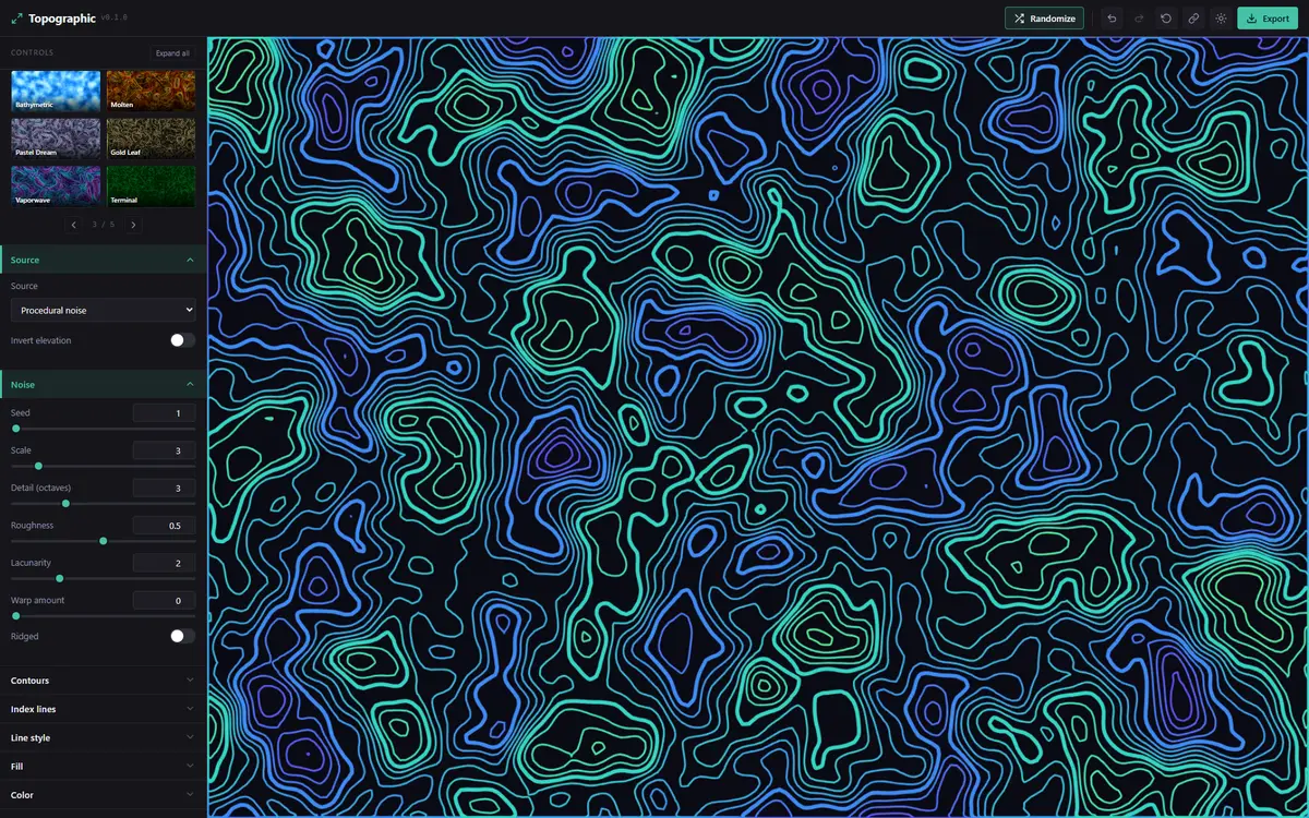 The Topographic preset strip: thumbnail previews like Bathymetric and Molten above source and noise controls, an Aurora contour field on the canvas