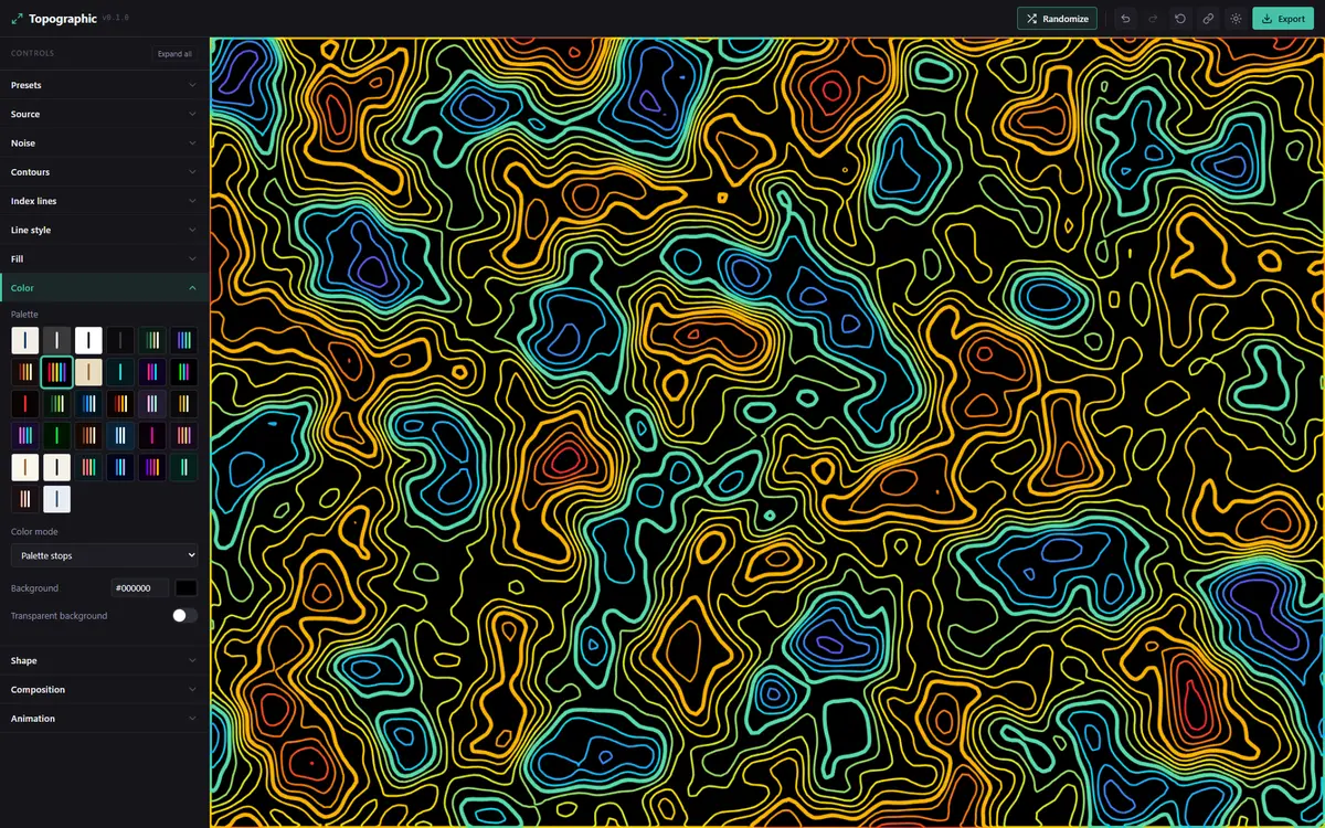 The Topographic workbench: palette swatches and color controls beside a live canvas of rainbow contour lines on black